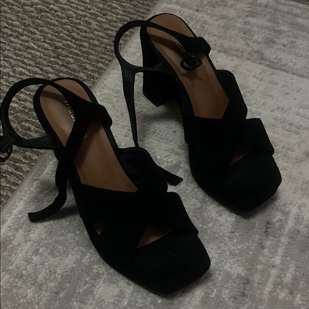 Maurices Black Strappy Block Heel Sandals with Ankle Tie